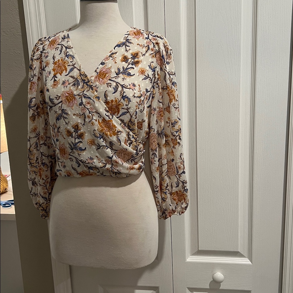 Joie Floral Crop Blouse in Cream, Gold & Blue